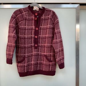 Plaid Knit Cardigan Sweater in Burgundy and Pink Unique